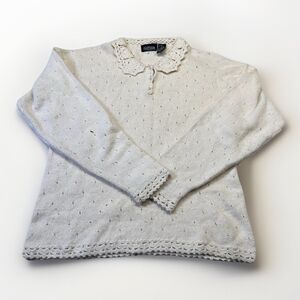 Vintage Gotham Silk Angora Knit Sweater M Cream Crochet Collar 80s Top
